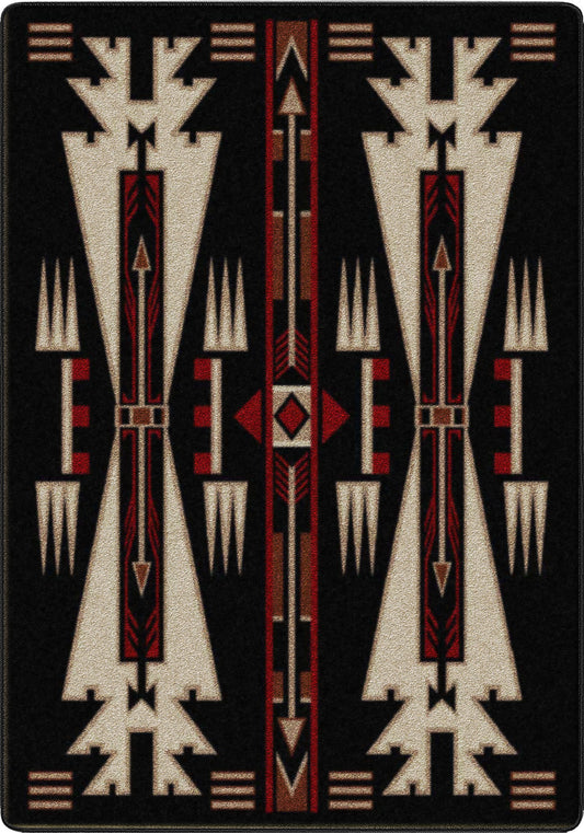 Rug with geometric pattern featuring triangles and arrows on a black background