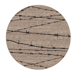 Round game room rug featuring barbed wire across a weathered, minimalist surface. Perfect for urban, design-forward, or storytelling spaces.