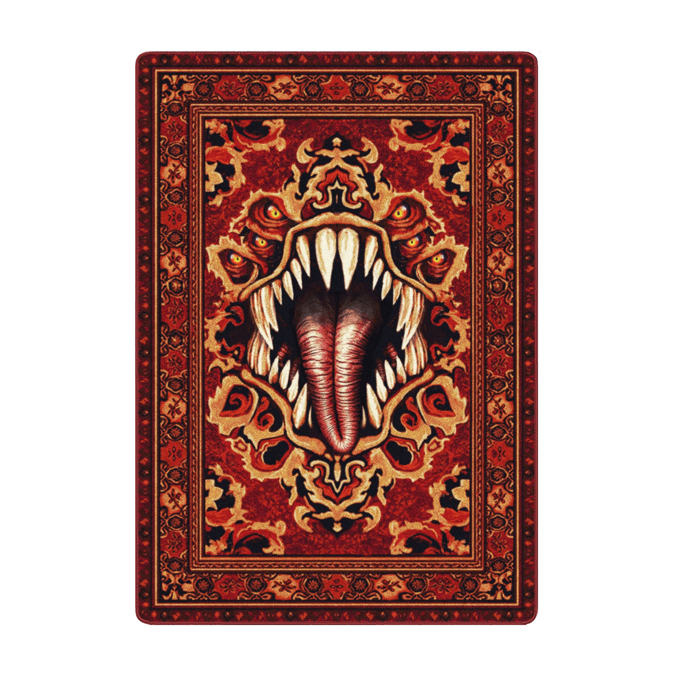 5x8 area rug with a red Persian-style pattern featuring a large open monster mouth with sharp fangs and a coiled tongue in the center

