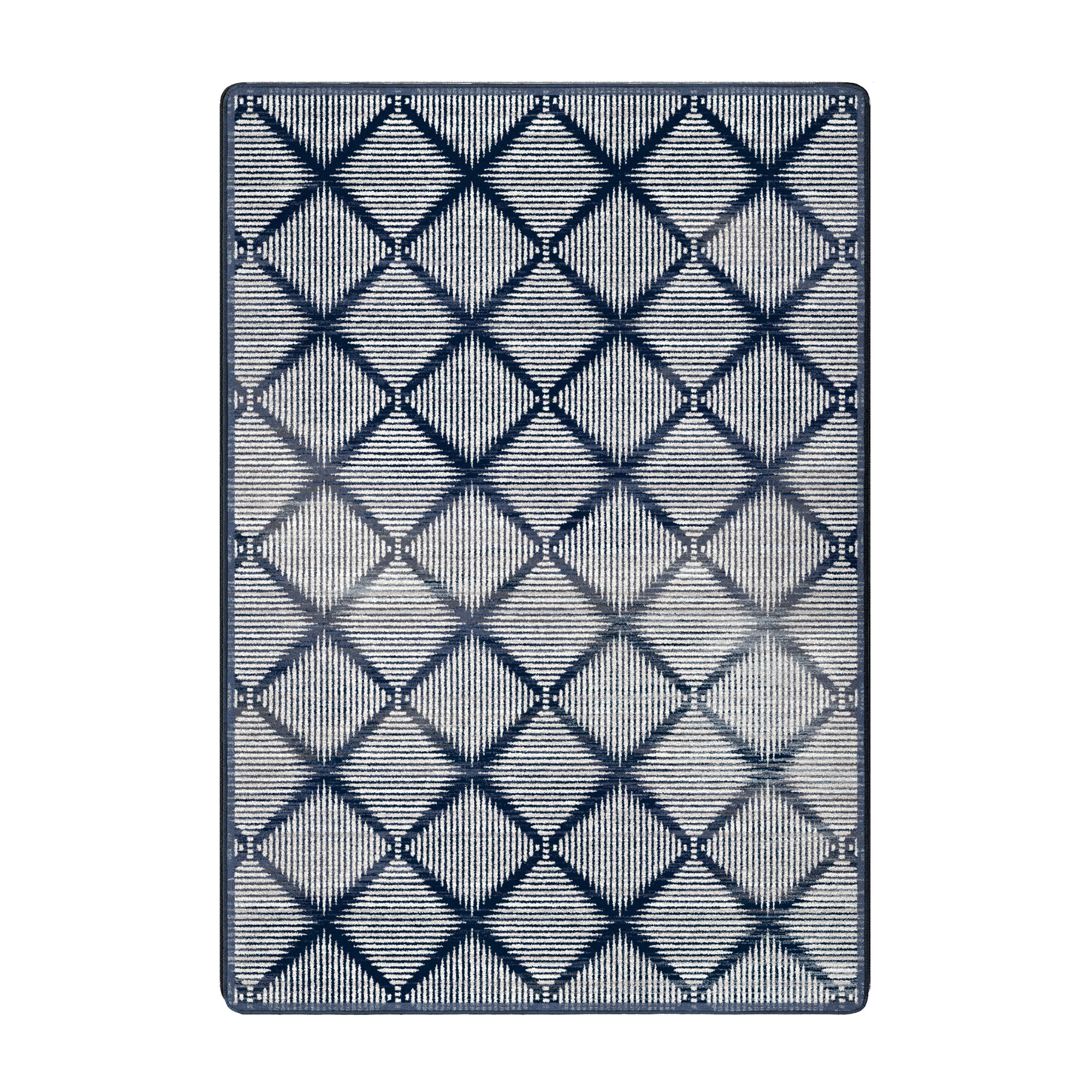 5x8 area rug with a geometric diamond grid pattern and a faded navy gradient on a cream background, blending modern and arcane aesthetics

