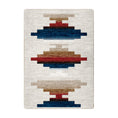 Load image into Gallery viewer, 5x8 area rug with bold stacked geometric patterns in navy blue, rust red, sand, and cream on a light background
