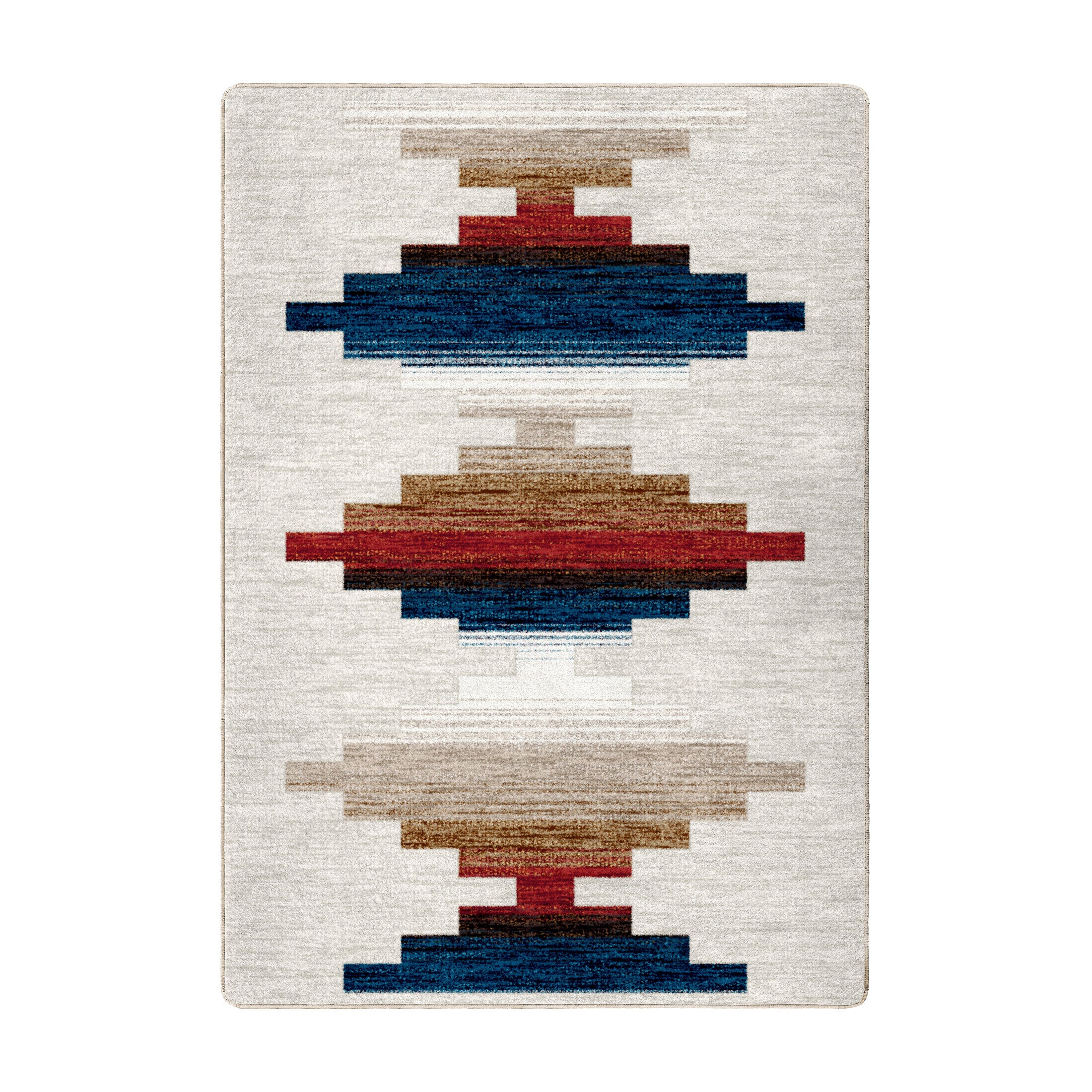 5x8 area rug with bold stacked geometric patterns in navy blue, rust red, sand, and cream on a light background