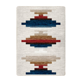 5x8 area rug with bold stacked geometric patterns in navy blue, rust red, sand, and cream on a light background
