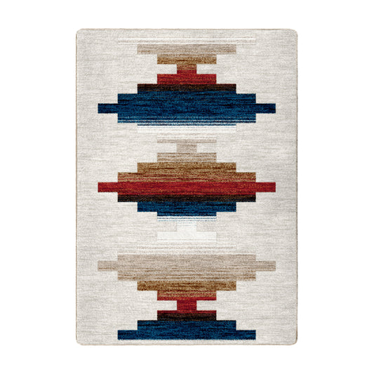 5x8 area rug with bold stacked geometric patterns in navy blue, rust red, sand, and cream on a light background