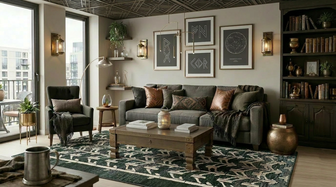 dwarven inspired room with arcade hunter game room rug from area of effect