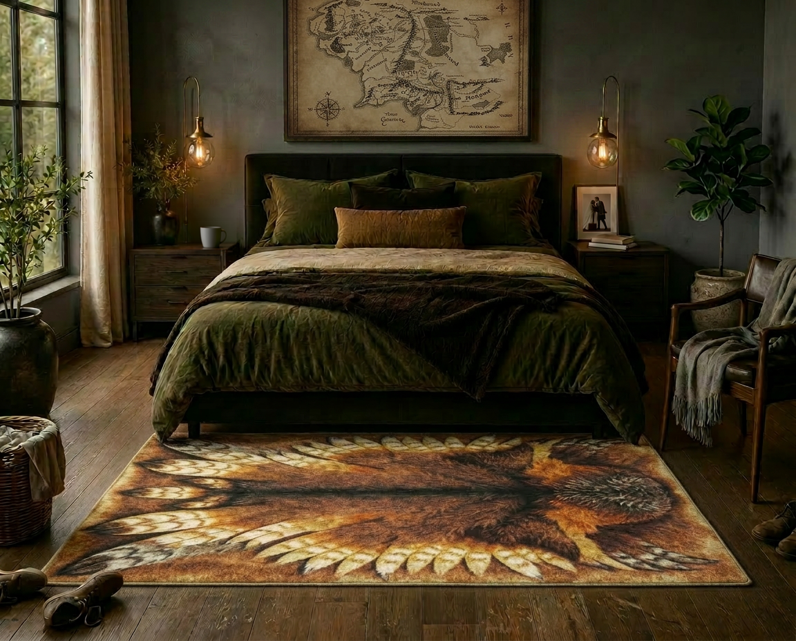 area of effect game room rug in tolkien inspired bedroom owlbear forest theme