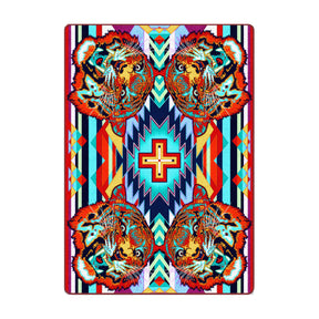 Tigergeist rug featuring mirrored neon tiger heads and bold geometric patterns—perfect for game rooms or statement interiors