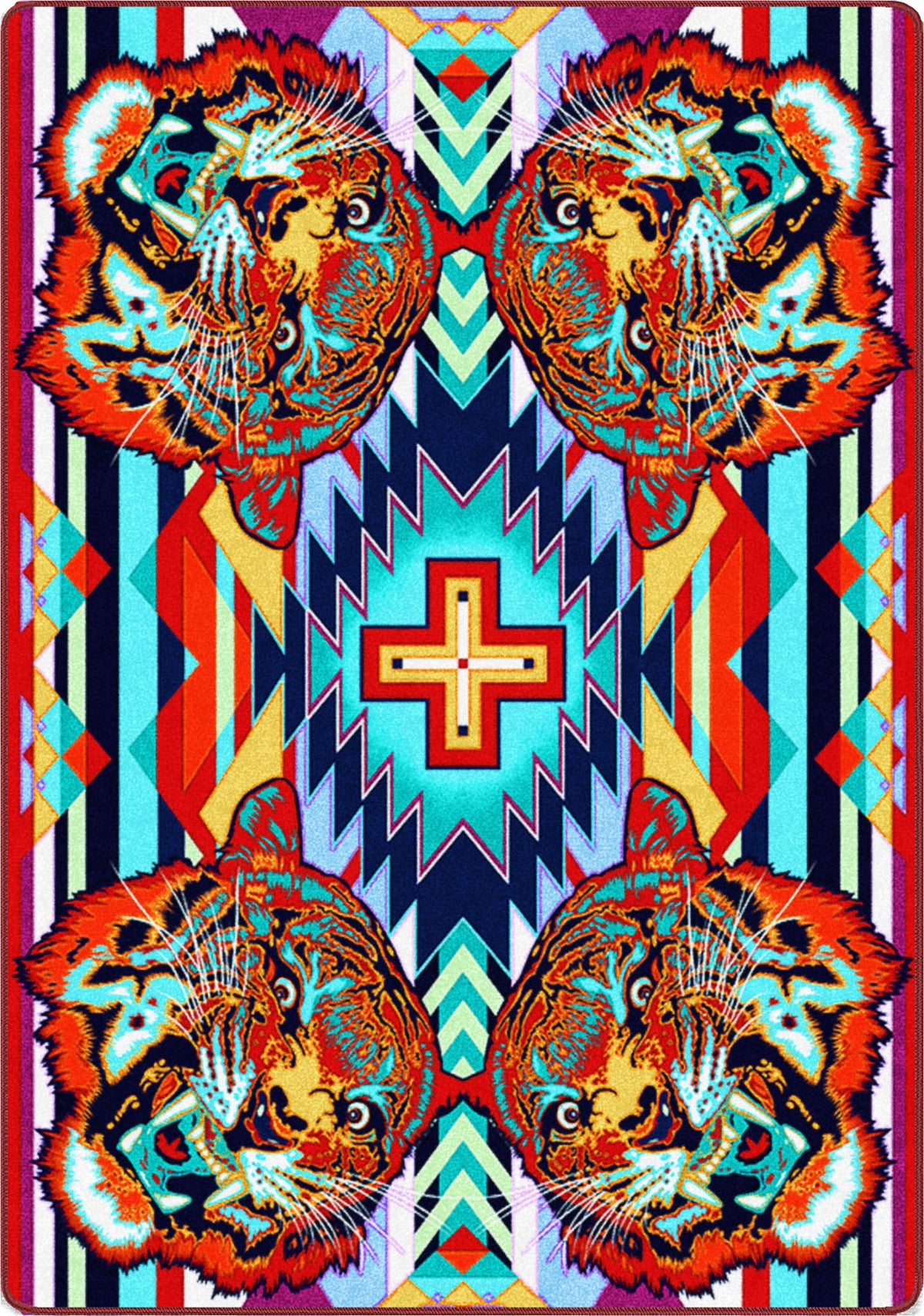 Colorful rug with tiger design and geometric patterns