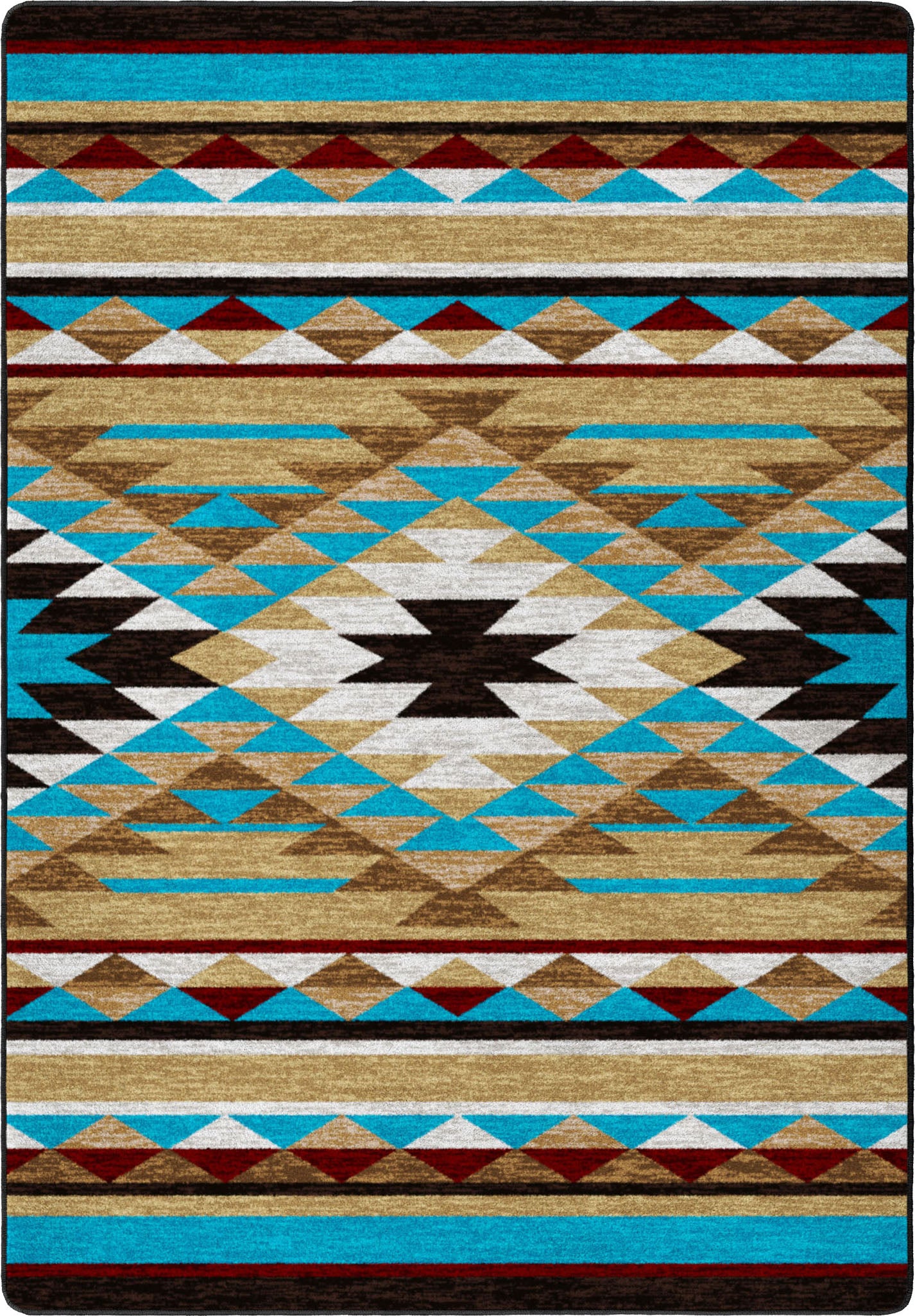 Rug with geometric pattern featuring triangles and stripes in brown, blue, and beige.