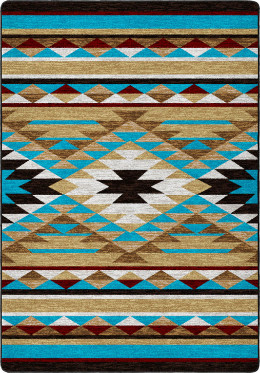 Rug with geometric pattern featuring triangles and stripes in brown, blue, and beige.