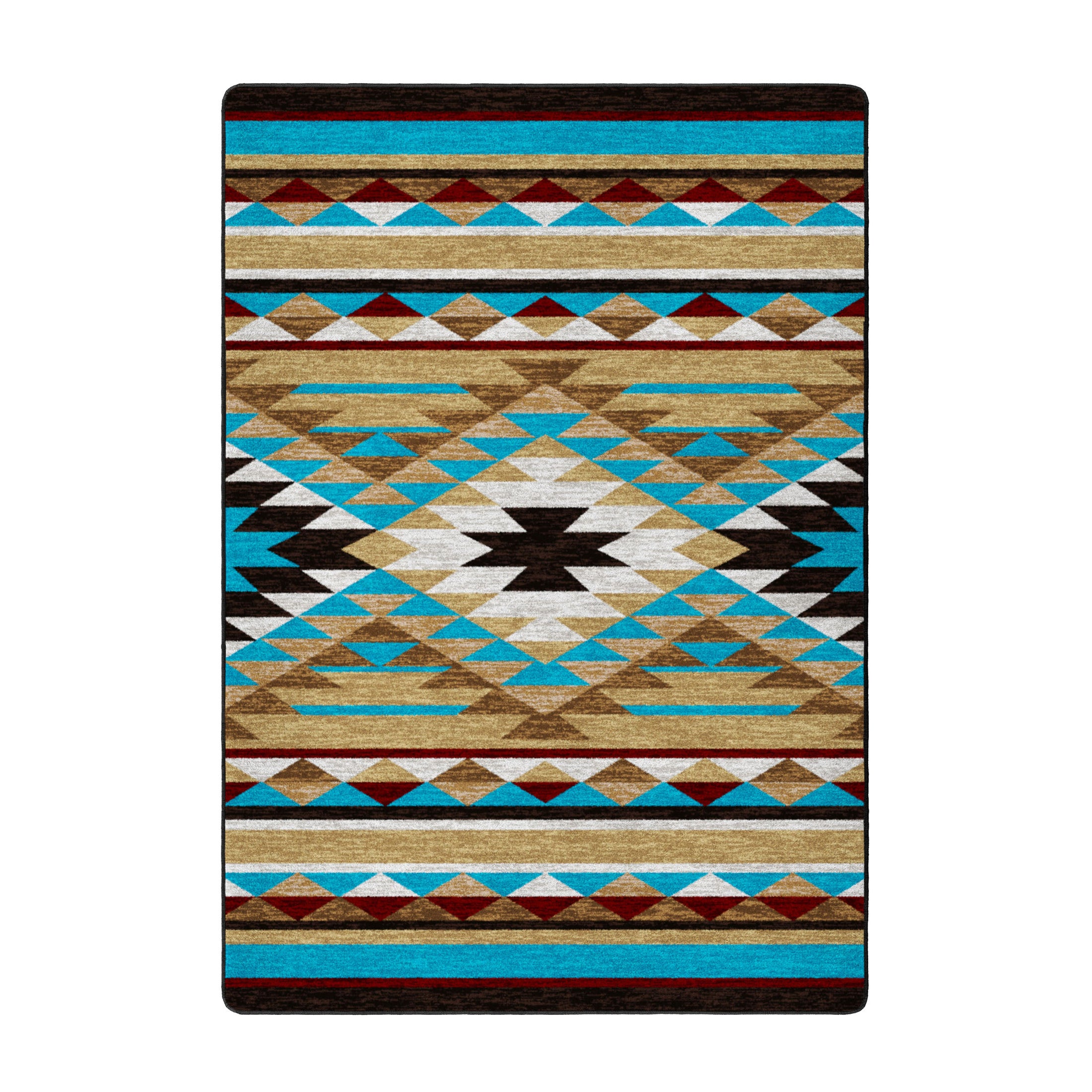 5x8 area rug featuring a symmetrical tribal diamond pattern in turquoise, gold, rust, and black tones, inspired by sunlit desert trails and ancient signs

