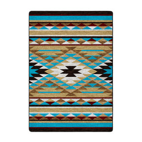 5x8 area rug featuring a symmetrical tribal diamond pattern in turquoise, gold, rust, and black tones, inspired by sunlit desert trails and ancient signs

