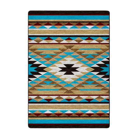 5x8 area rug featuring a symmetrical tribal diamond pattern in turquoise, gold, rust, and black tones, inspired by sunlit desert trails and ancient signs

