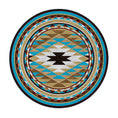 Load image into Gallery viewer, 8x8 round version of the Trail of Glass rug featuring a symmetrical tribal medallion pattern in sun-drenched desert colors of turquoise, gold, and rust
