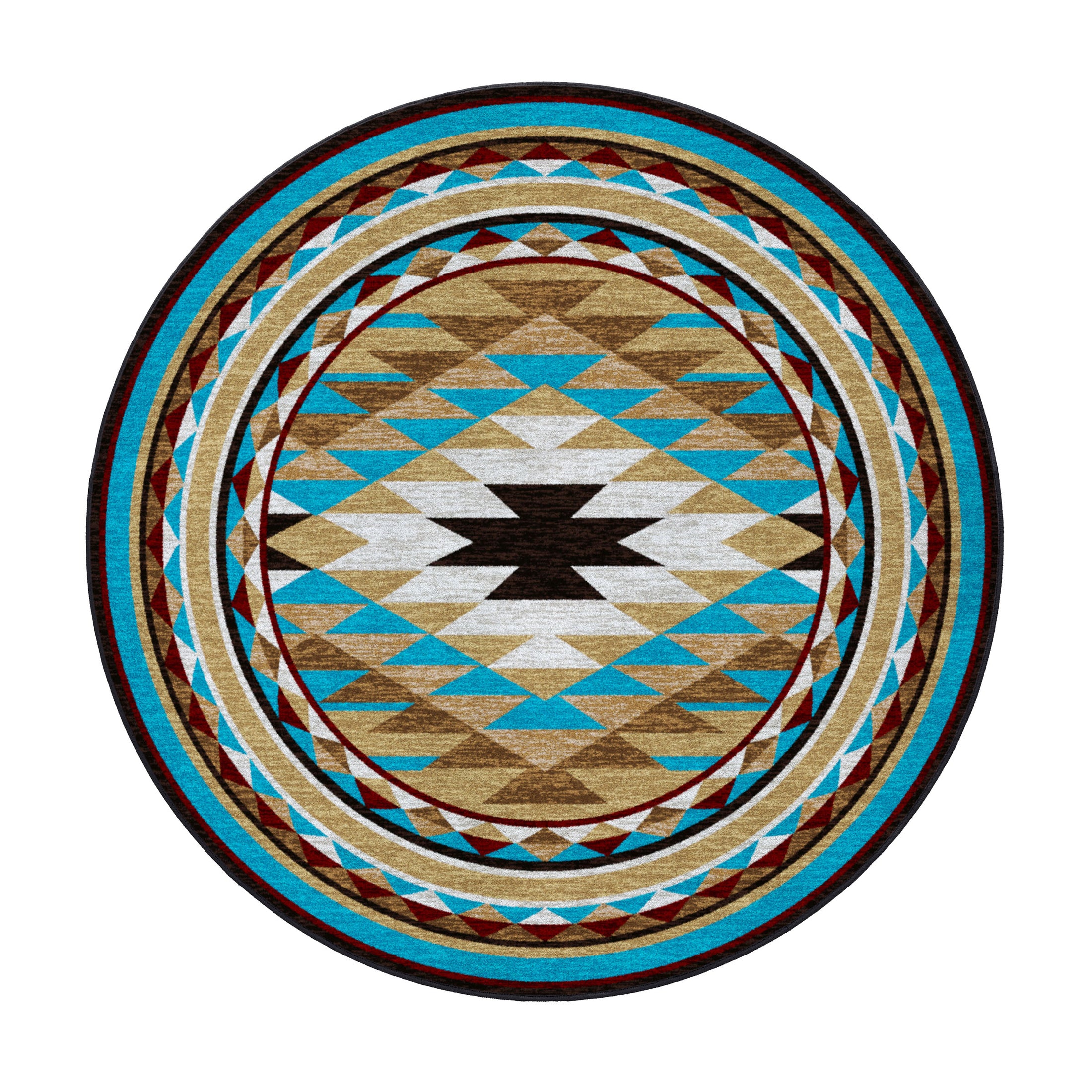 8x8 round version of the Trail of Glass rug featuring a symmetrical tribal medallion pattern in sun-drenched desert colors of turquoise, gold, and rust