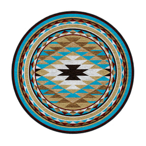 8x8 round version of the Trail of Glass rug featuring a symmetrical tribal medallion pattern in sun-drenched desert colors of turquoise, gold, and rust