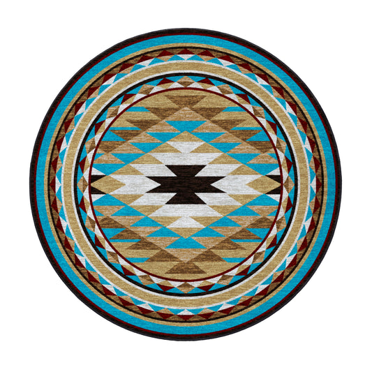 8x8 round version of the Trail of Glass rug featuring a symmetrical tribal medallion pattern in sun-drenched desert colors of turquoise, gold, and rust