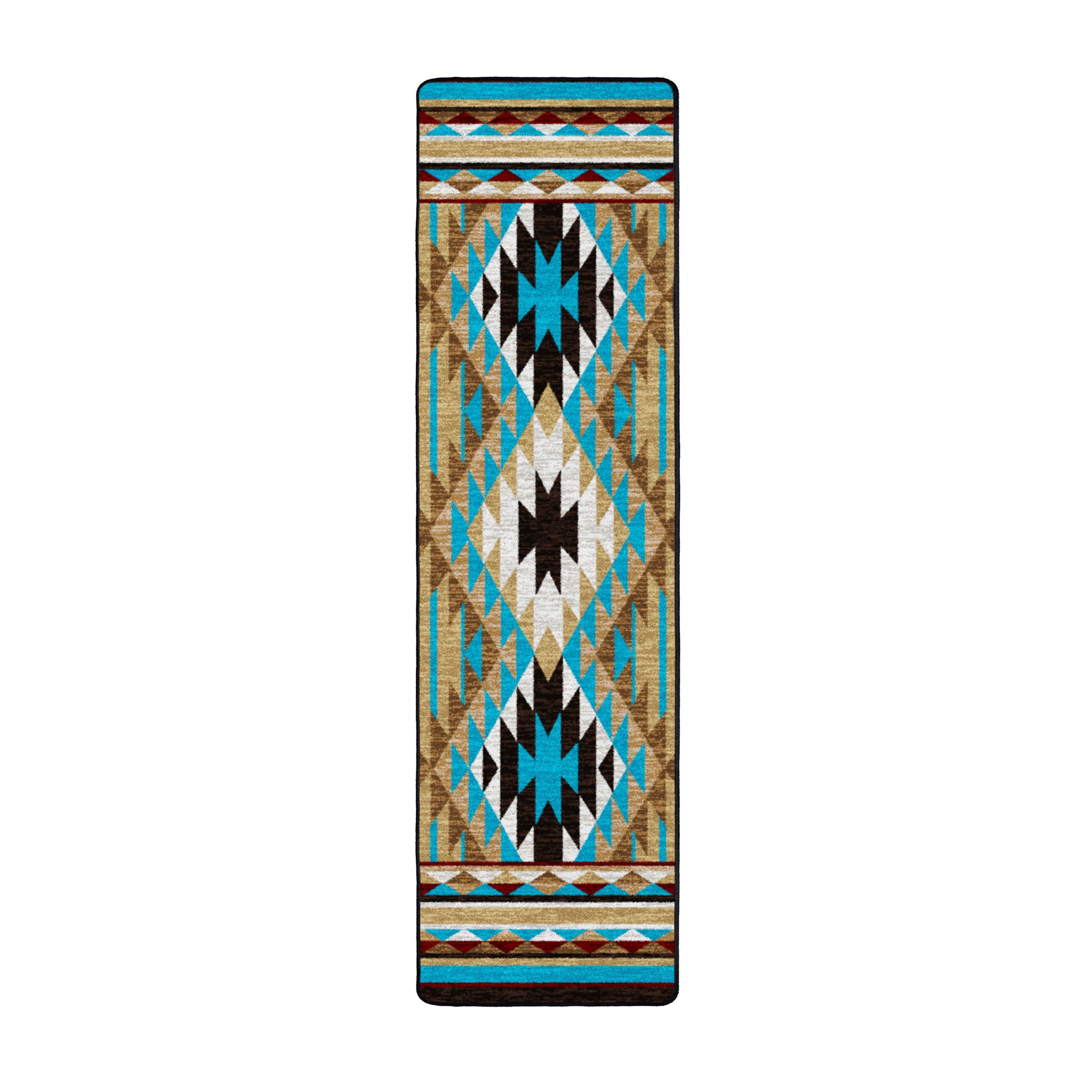 2x8 runner version of the Trail of Glass rug with a repeating tribal diamond pattern in desert-inspired turquoise, gold, and rust