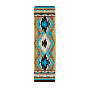 2x8 runner version of the Trail of Glass rug with a repeating tribal diamond pattern in desert-inspired turquoise, gold, and rust
