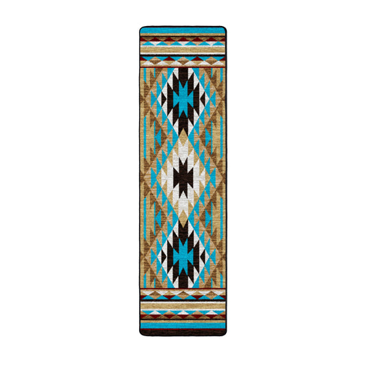 2x8 runner version of the Trail of Glass rug with a repeating tribal diamond pattern in desert-inspired turquoise, gold, and rust