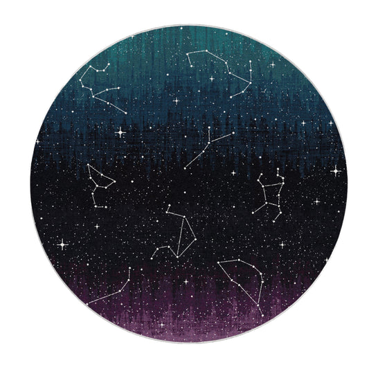Round celestial rug with constellation design fading from deep teal to purple—ideal for fantasy game rooms, story circles, or creative corners.