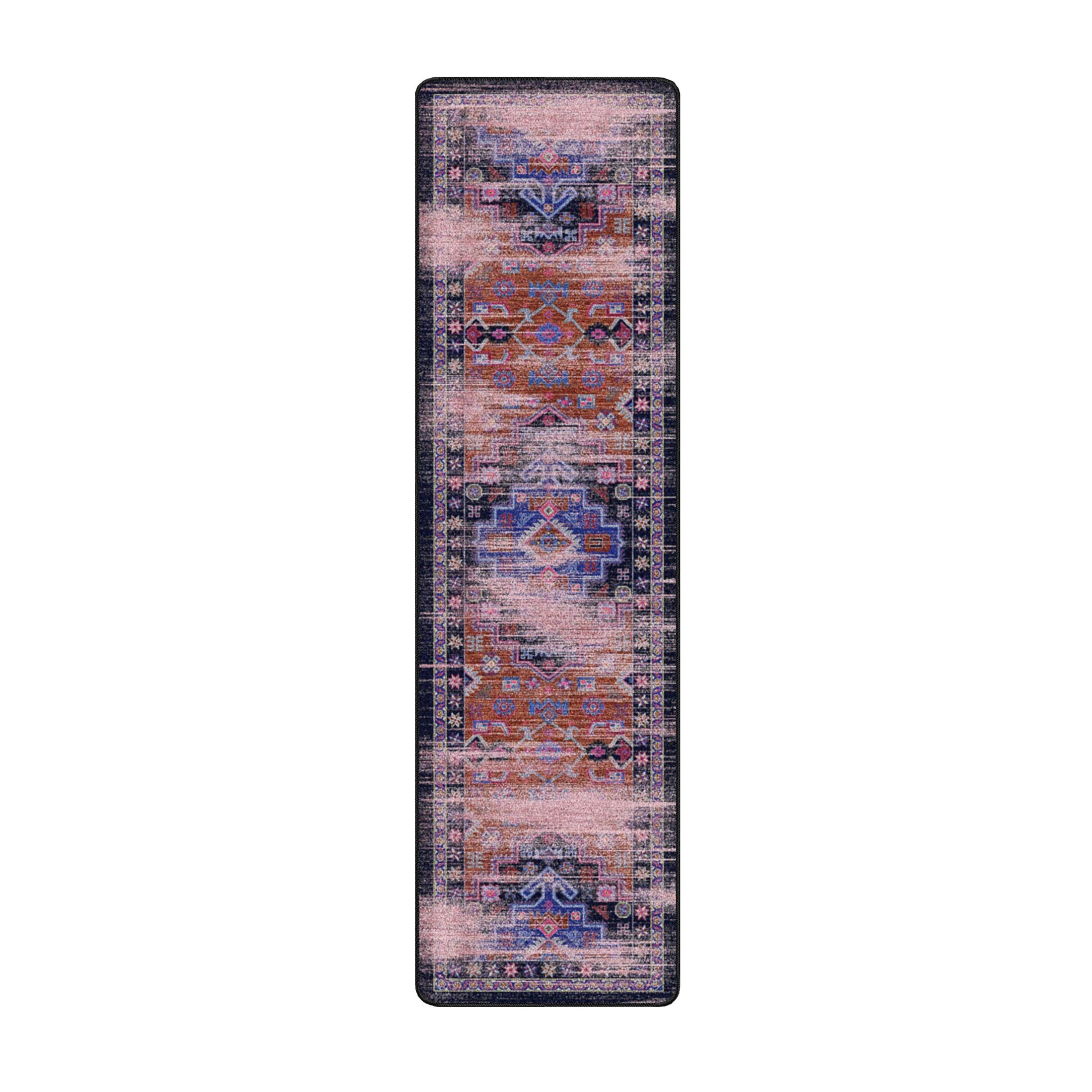 2x8 runner size of the Twilight Caravan rug featuring a repeating geometric medallion pattern in rich twilight tones, ideal for narrow spaces