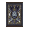 Load image into Gallery viewer, 5x8 Ulfr Fur Rug for game room featuring a Norse-inspired wolf head surrounded by gold runes and knotwork on a faux fur-textured background
