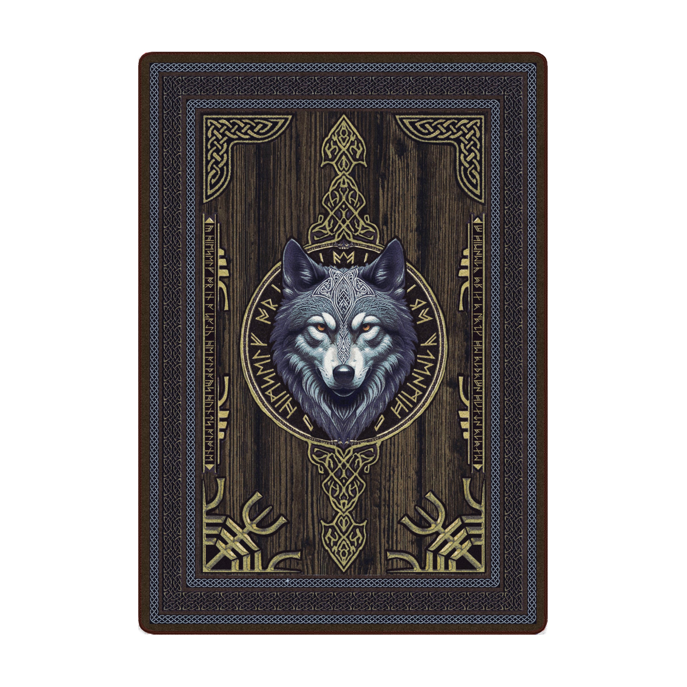 5x8 Ulfr Rug in Wood for game room featuring a Norse wolf head surrounded by gold runes and knotwork, set against a dark woodgrain background

