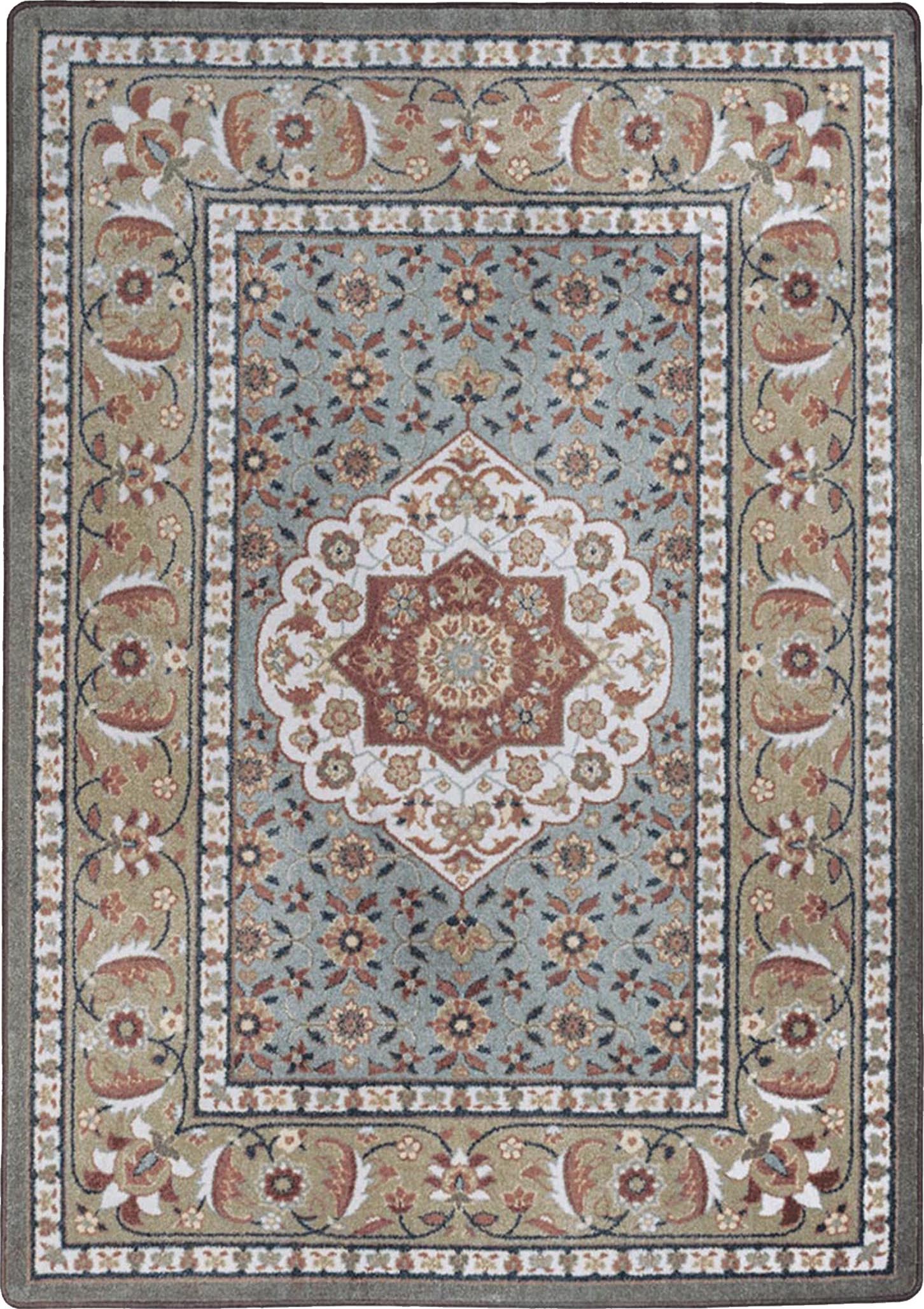 Decorative rug with intricate patterns and colors on a dark background