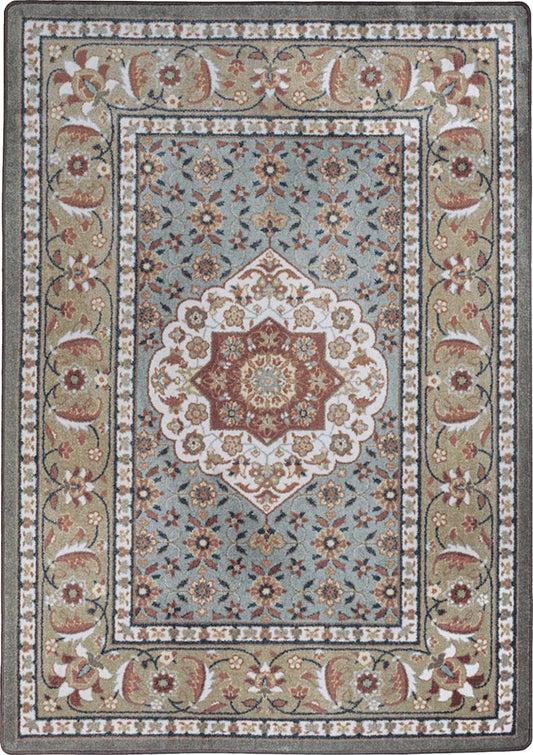 Decorative rug with intricate patterns and colors on a dark background
