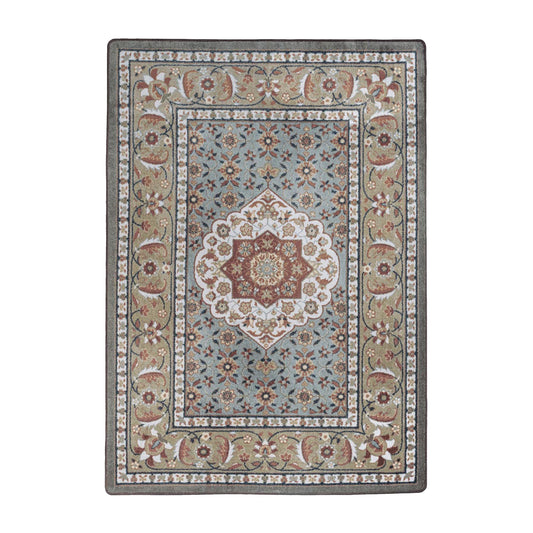 5x8 area rug with a faded central medallion and intricate floral detailing in sage, parchment, and dusty rose—designed to evoke timeless craft and quiet beauty

