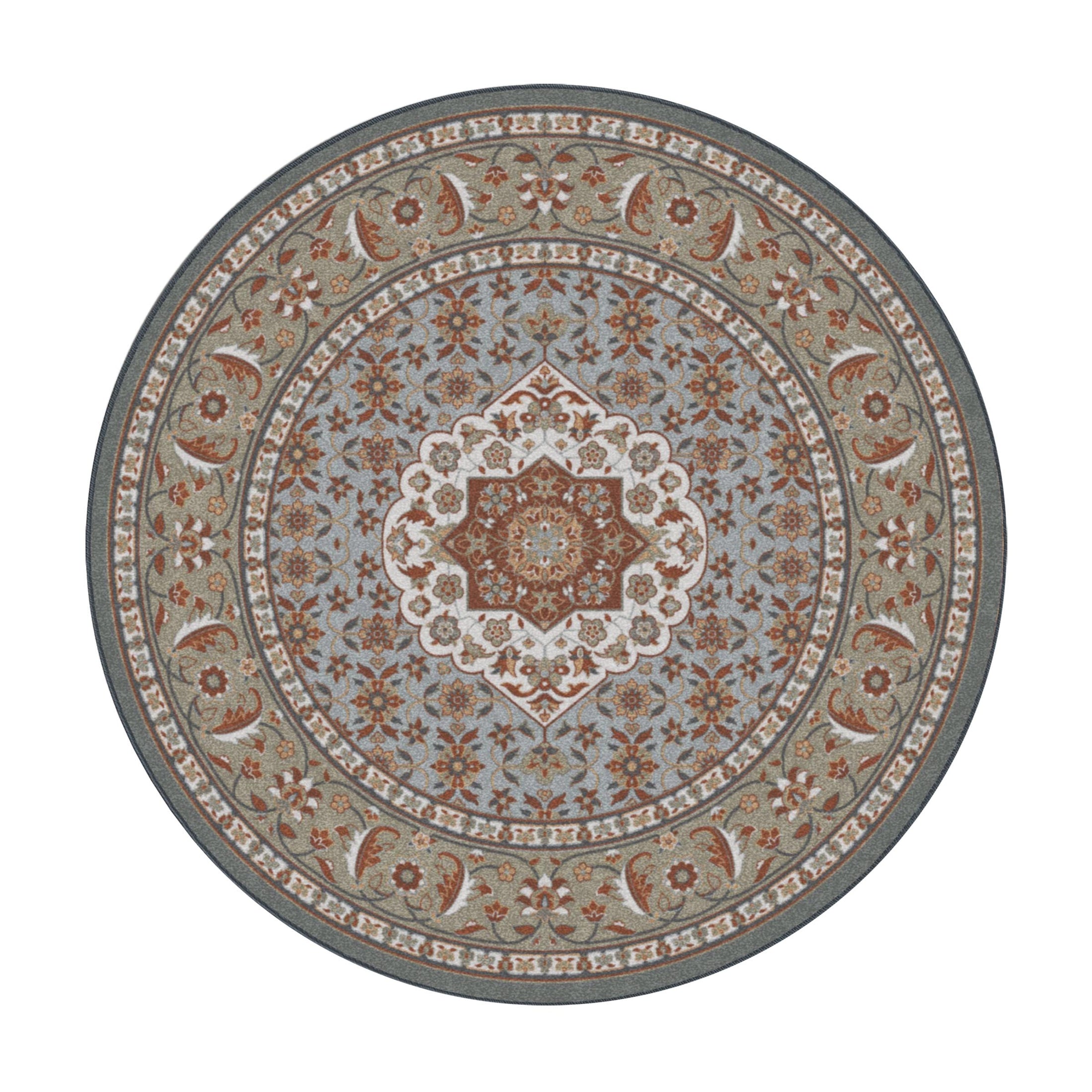 8x8 round version of The Weaver’s Medallion rug with central medallion and floral motifs in soft artisan-inspired colors