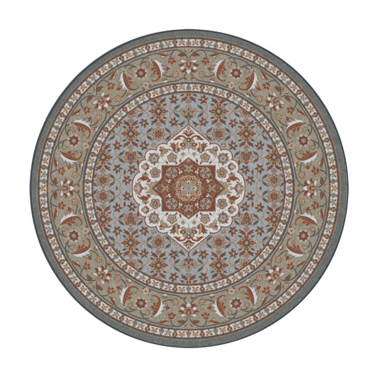 8x8 round version of The Weaver’s Medallion rug with central medallion and floral motifs in soft artisan-inspired colors