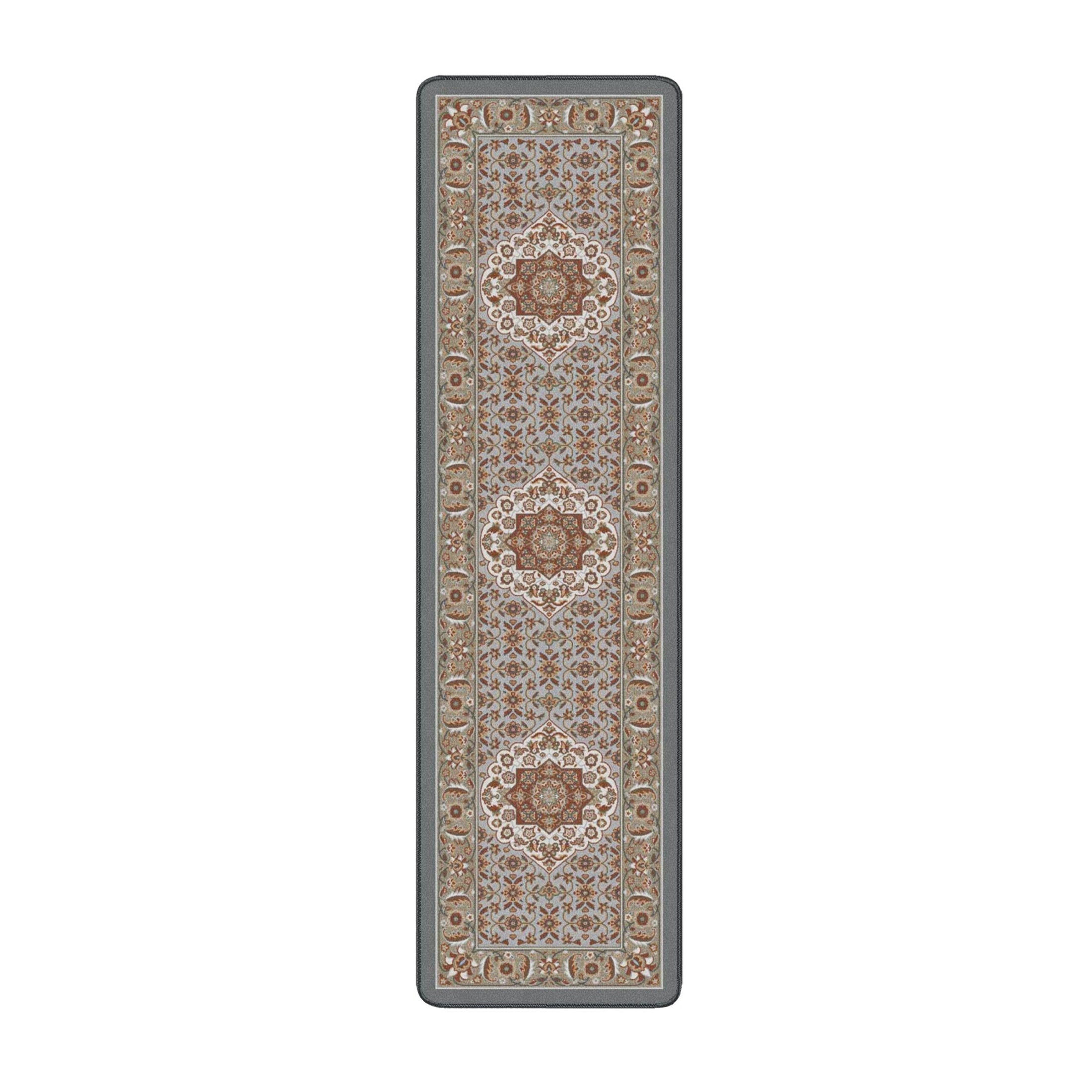 2x8 runner of The Weaver’s Medallion rug, featuring vertical alignment of medallion and floral scrollwork in sage and parchment tones

