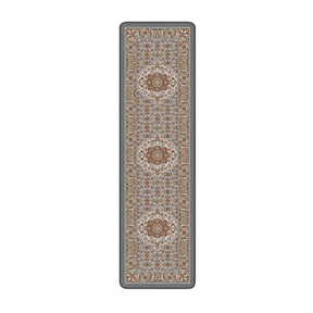 2x8 runner of The Weaver’s Medallion rug, featuring vertical alignment of medallion and floral scrollwork in sage and parchment tones

