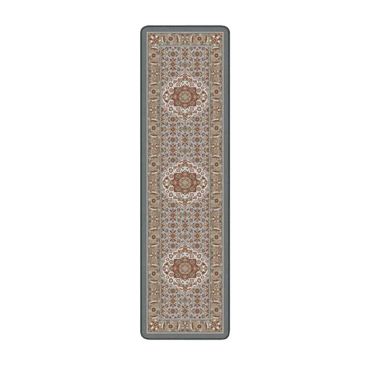 2x8 runner of The Weaver’s Medallion rug, featuring vertical alignment of medallion and floral scrollwork in sage and parchment tones

