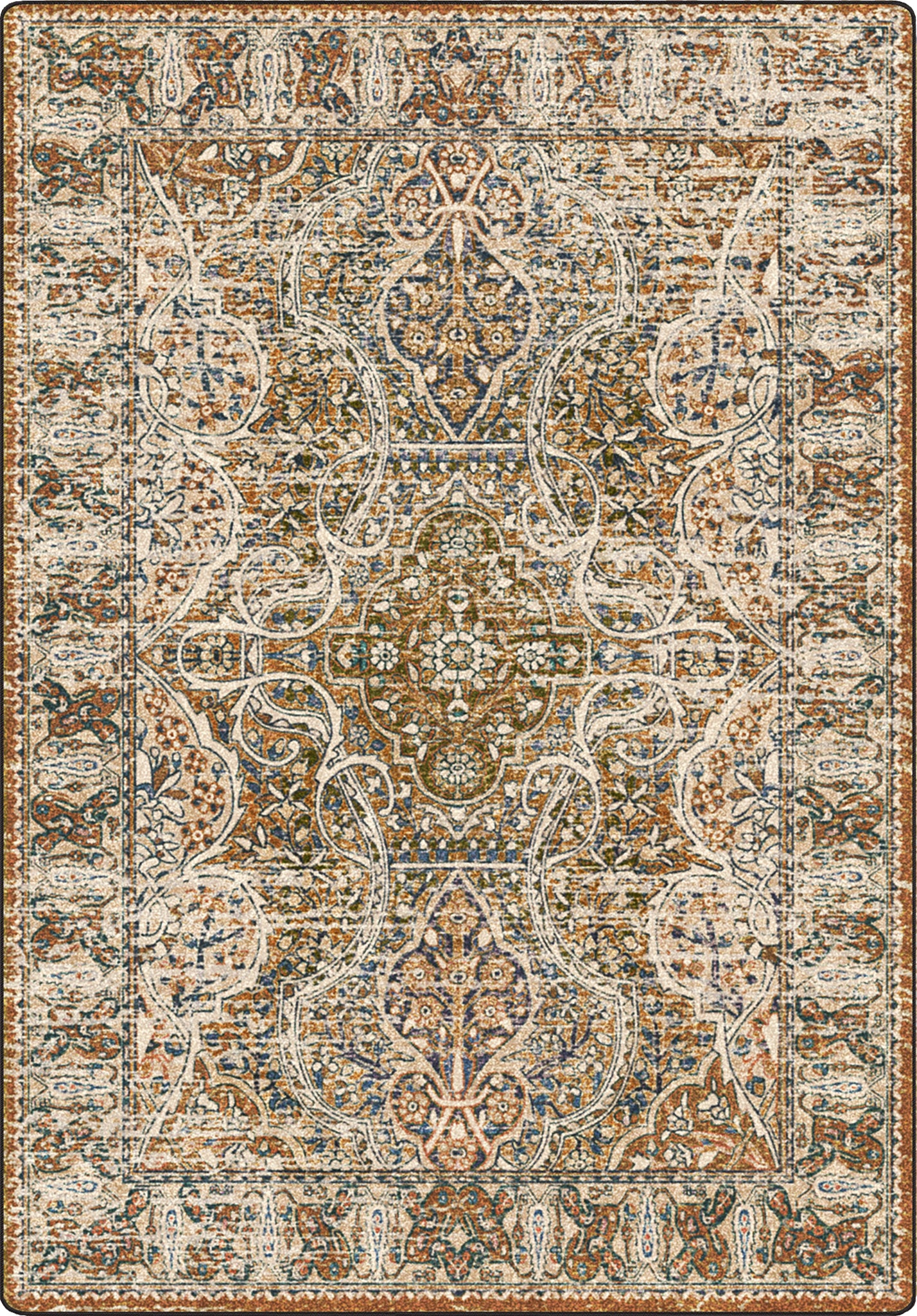 Decorative rug with intricate pattern on a brown background