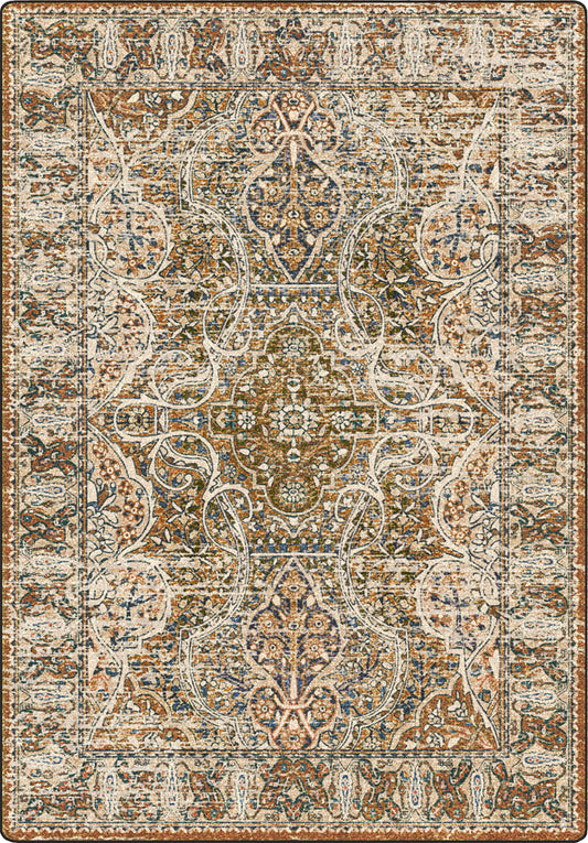 Decorative rug with intricate pattern on a brown background