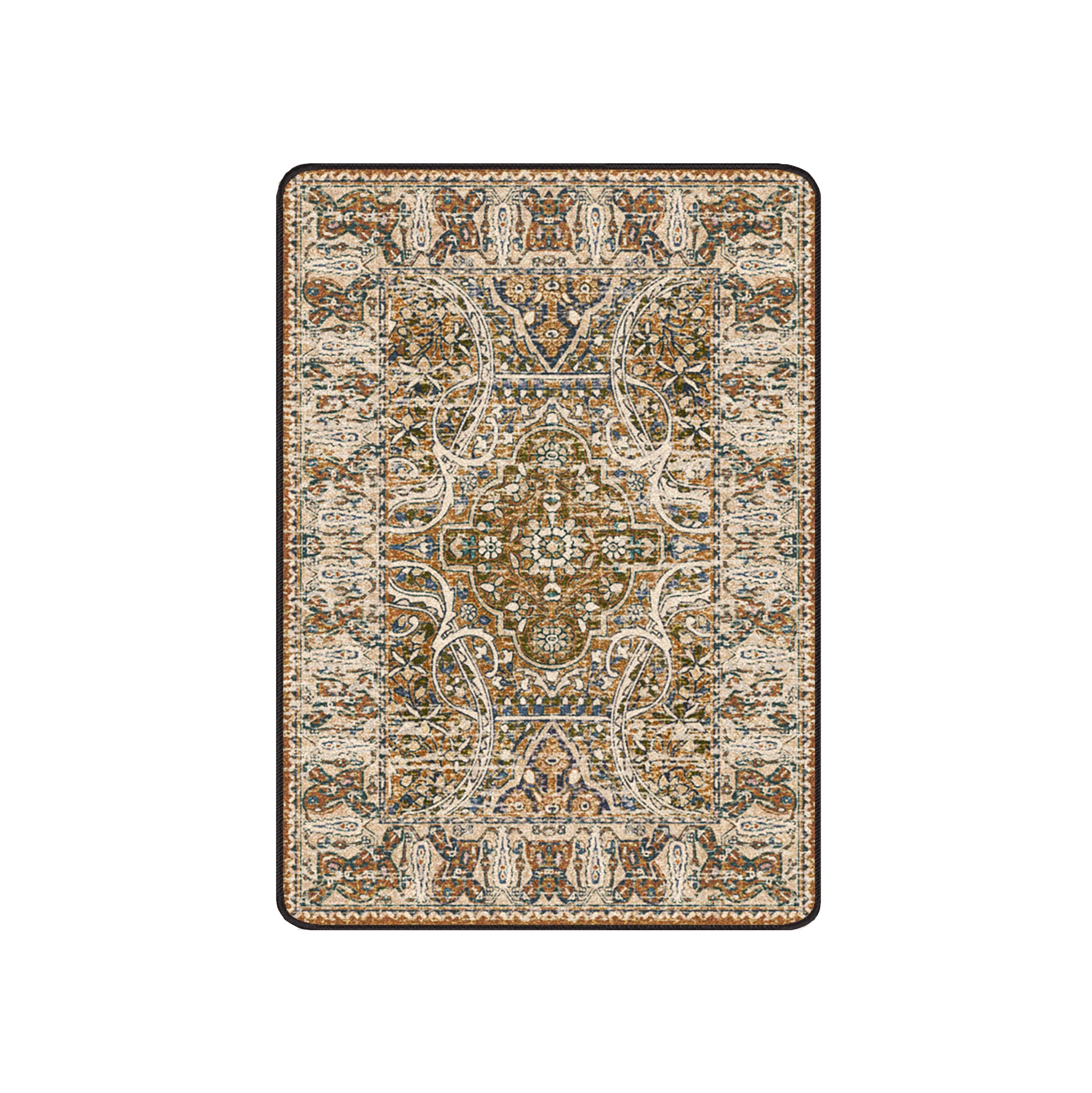 Decorative rug with intricate pattern on a white background