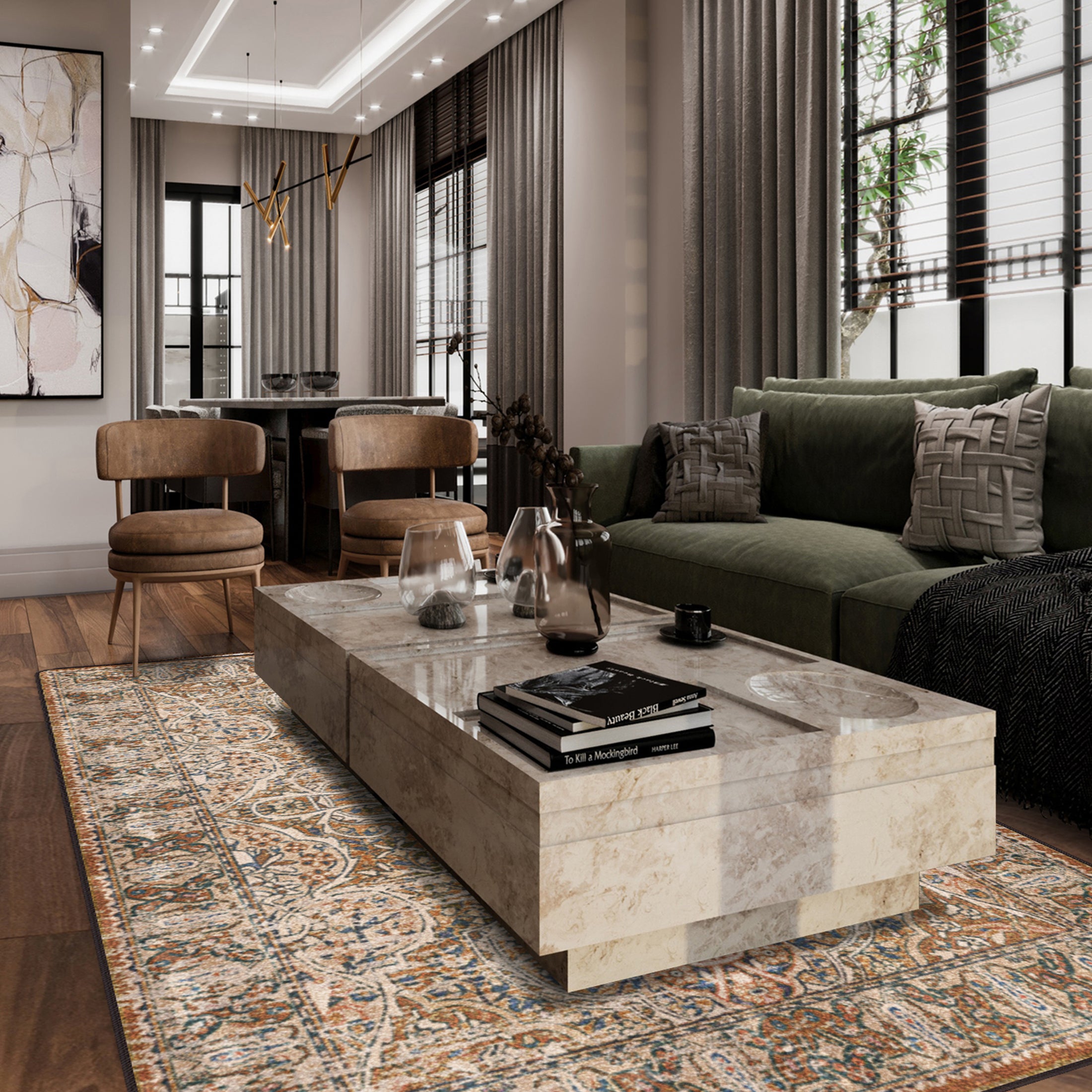 Modern living room with green sofa, marble coffee table, and patterned rug.