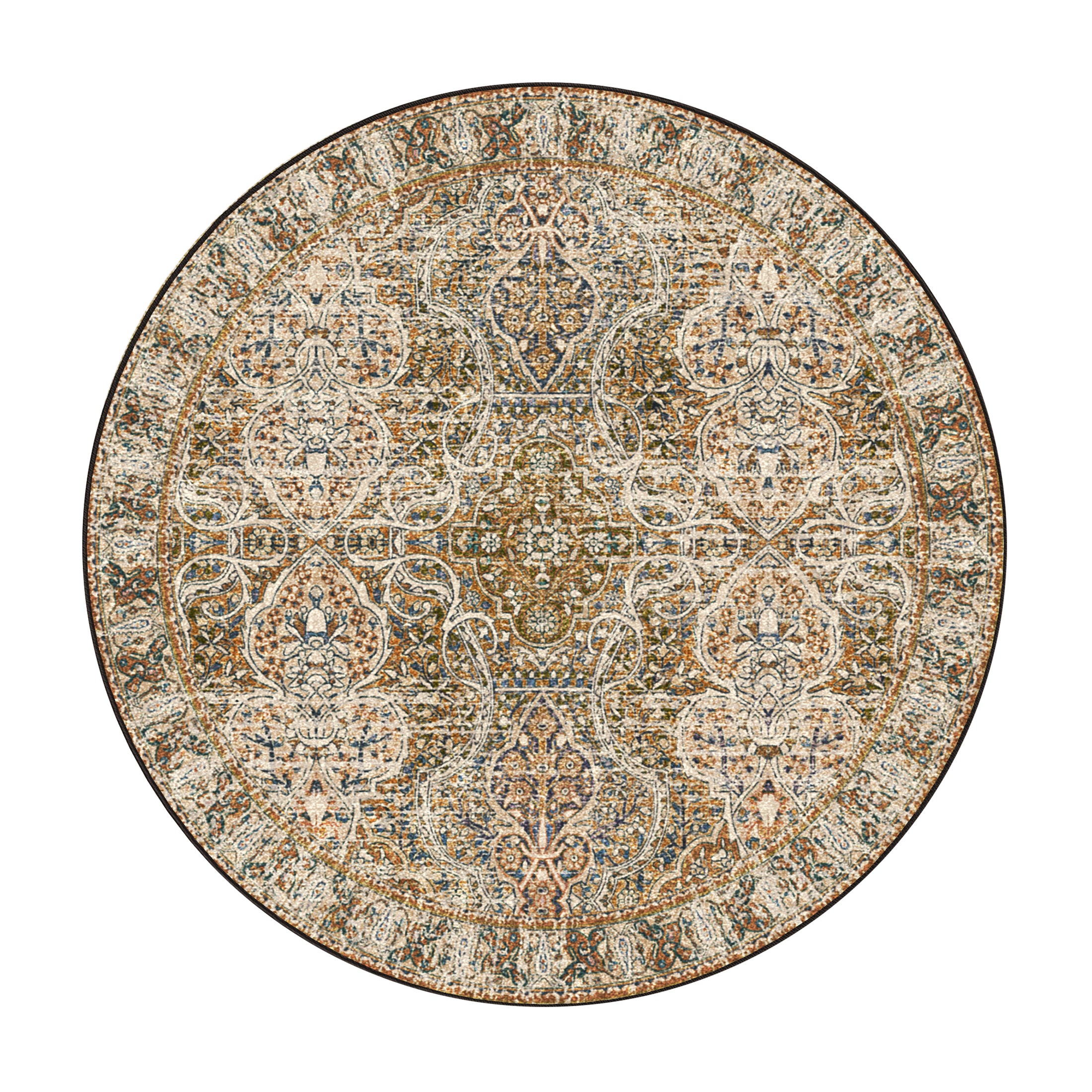 Round decorative rug with intricate pattern on a white background