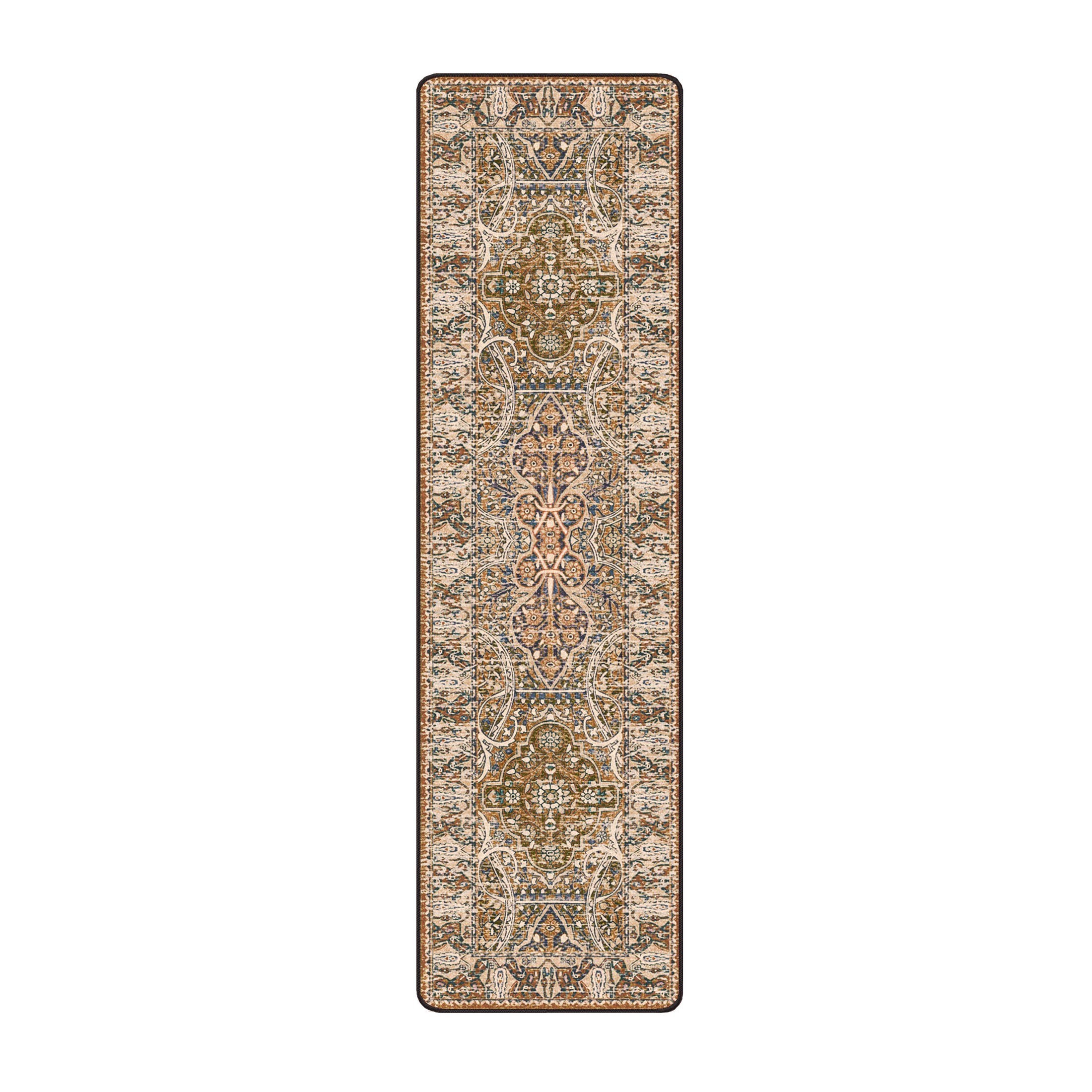 Long rectangular rug with a pattern on a white background
