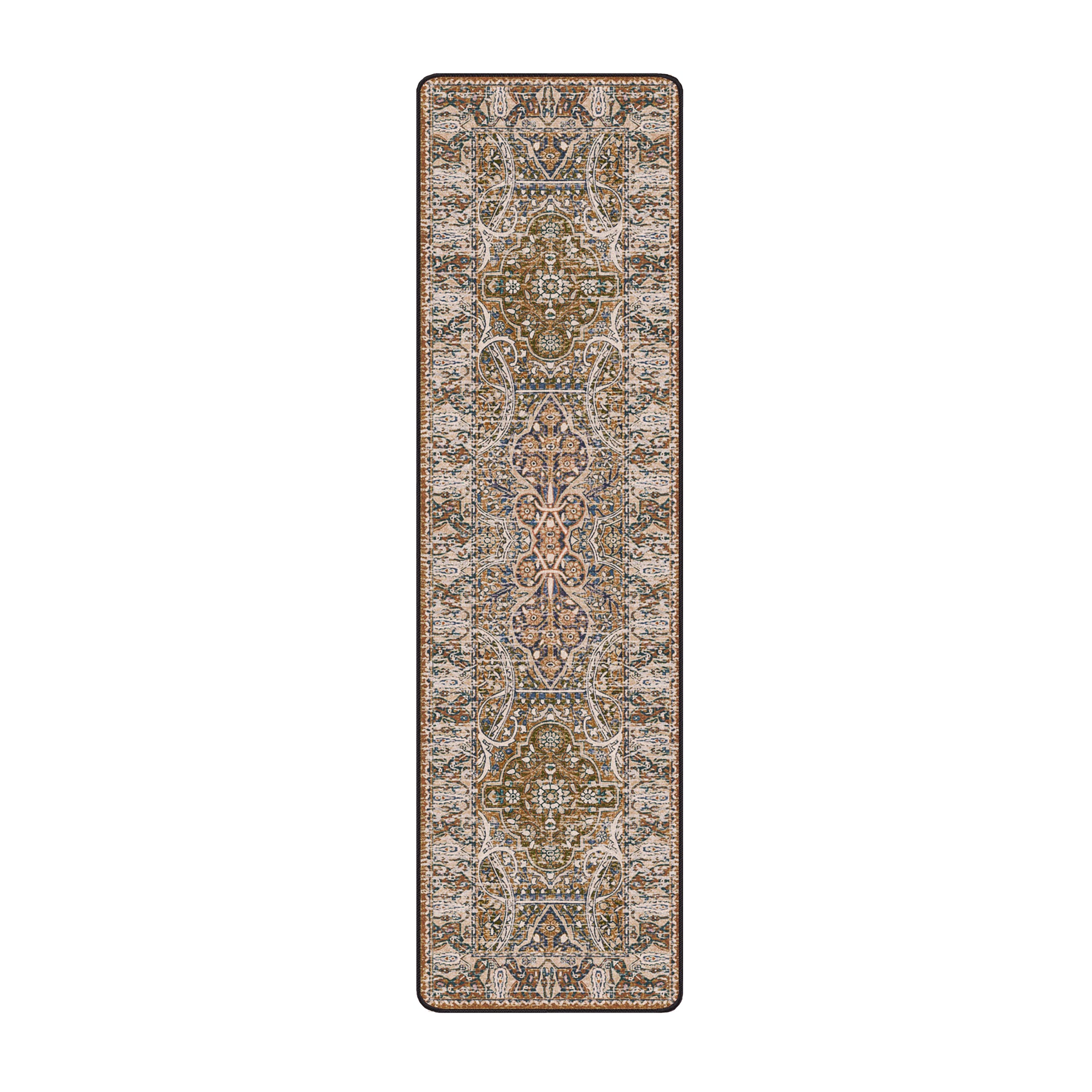 2x8 runner of The Wildroot Rug with elongated bark-toned medallions and curling botanical designs
